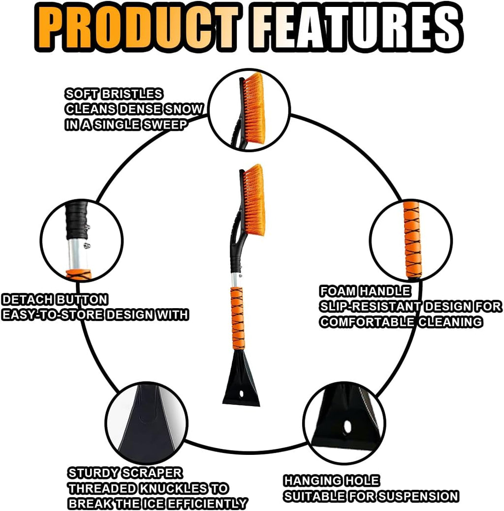 27-Inch Detachable Snow Brush and Ice Scraper for Car Windshields and Windows, Ergonomic Foam Grip with Scratch-Free Bristles, Winter Snow Removal Tool for Trucks and SUVs (Orange)