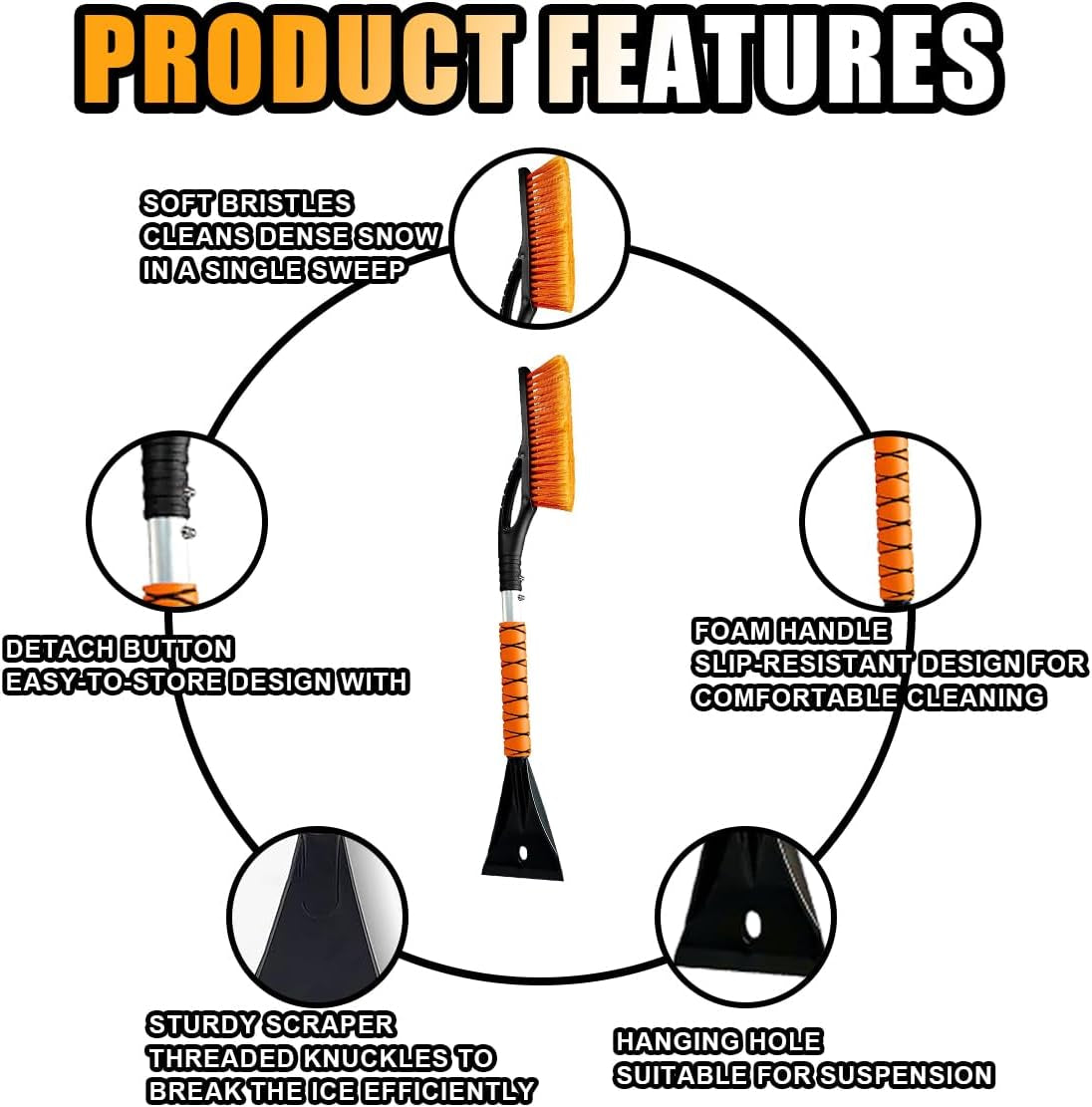 27-Inch Detachable Snow Brush and Ice Scraper for Car Windshields and Windows, Ergonomic Foam Grip with Scratch-Free Bristles, Winter Snow Removal Tool for Trucks and SUVs (Orange)