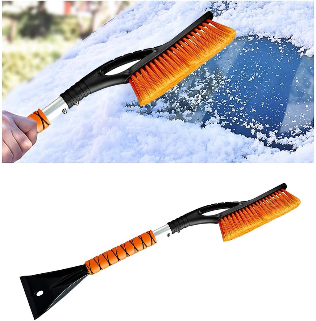 27-Inch Detachable Snow Brush and Ice Scraper for Car Windshields and Windows, Ergonomic Foam Grip with Scratch-Free Bristles, Winter Snow Removal Tool for Trucks and SUVs (Orange)